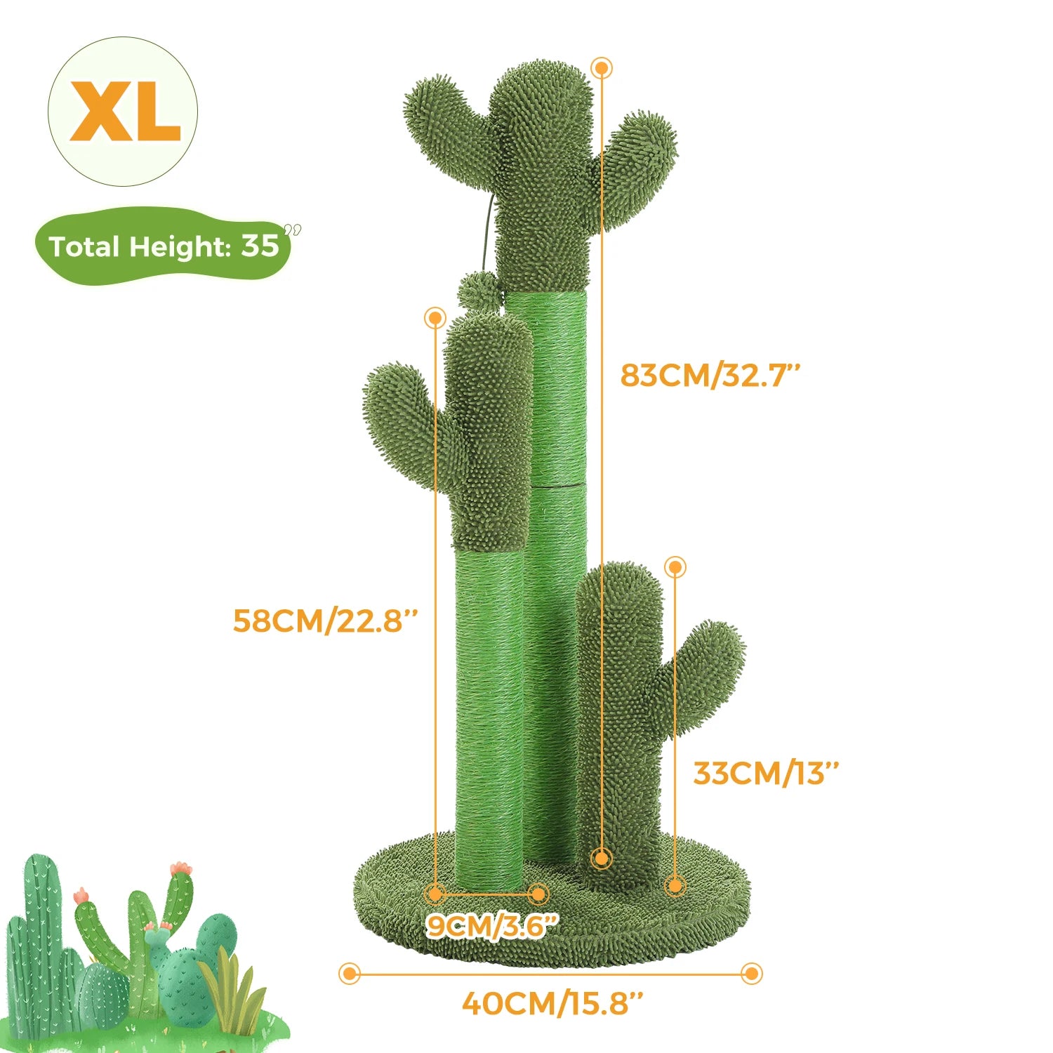Cactus Cat Scratching Post with 3 Natural Scratching Poles and Interactive Dangling Ball