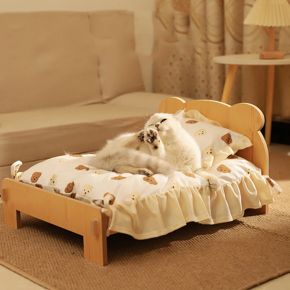 Cat BED Wooden Cat and Dog Bed with Teddy Bear Pattern Pet Furniture