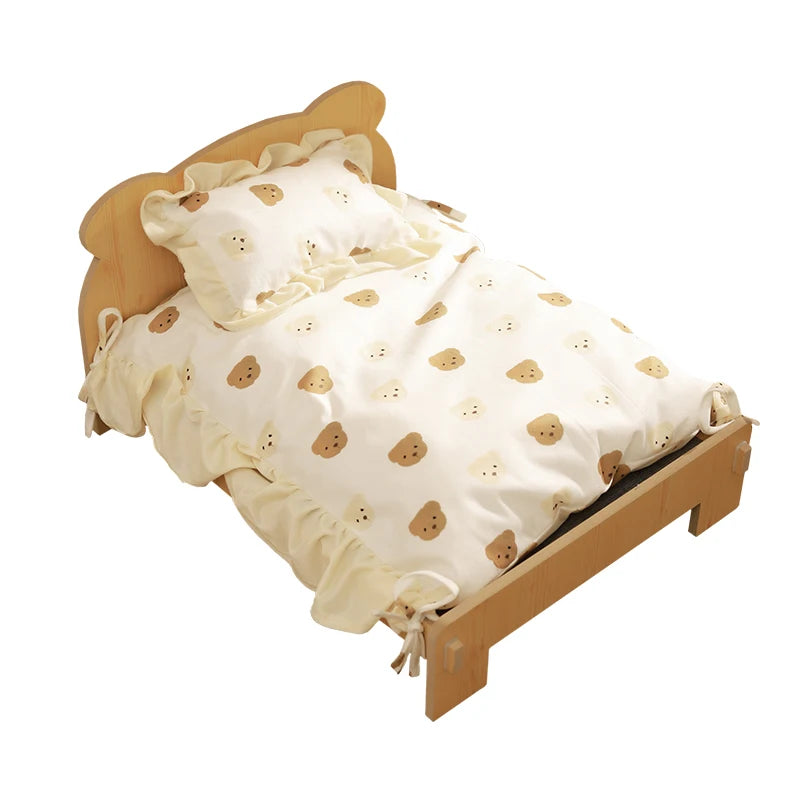 Cat BED Wooden Cat and Dog Bed with Teddy Bear Pattern Pet Furniture