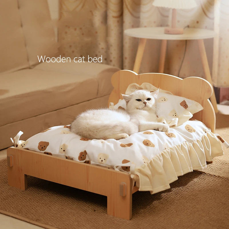 Cat BED Wooden Cat and Dog Bed with Teddy Bear Pattern Pet Furniture
