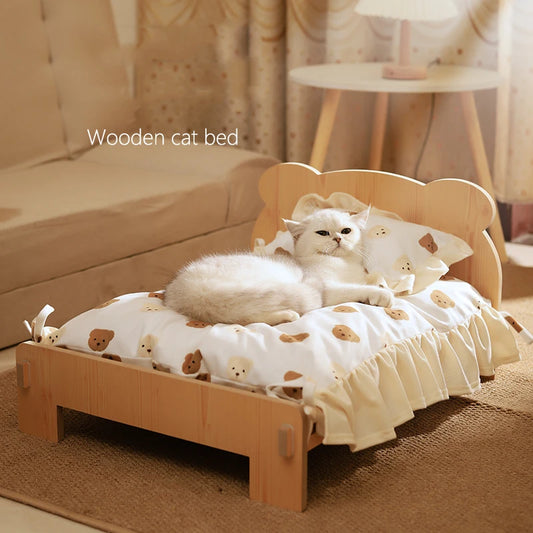 Cat BED Wooden Cat and Dog Bed with Teddy Bear Pattern Pet Furniture