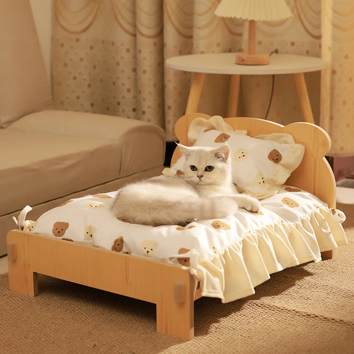 Cat BED Wooden Cat and Dog Bed with Teddy Bear Pattern Pet Furniture
