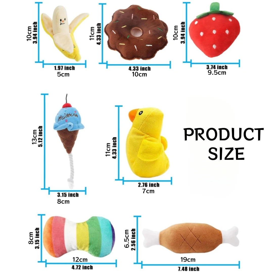 CUTE Dog Toys, 7 Piece Set, Food-themed Plushy SQUEAKY