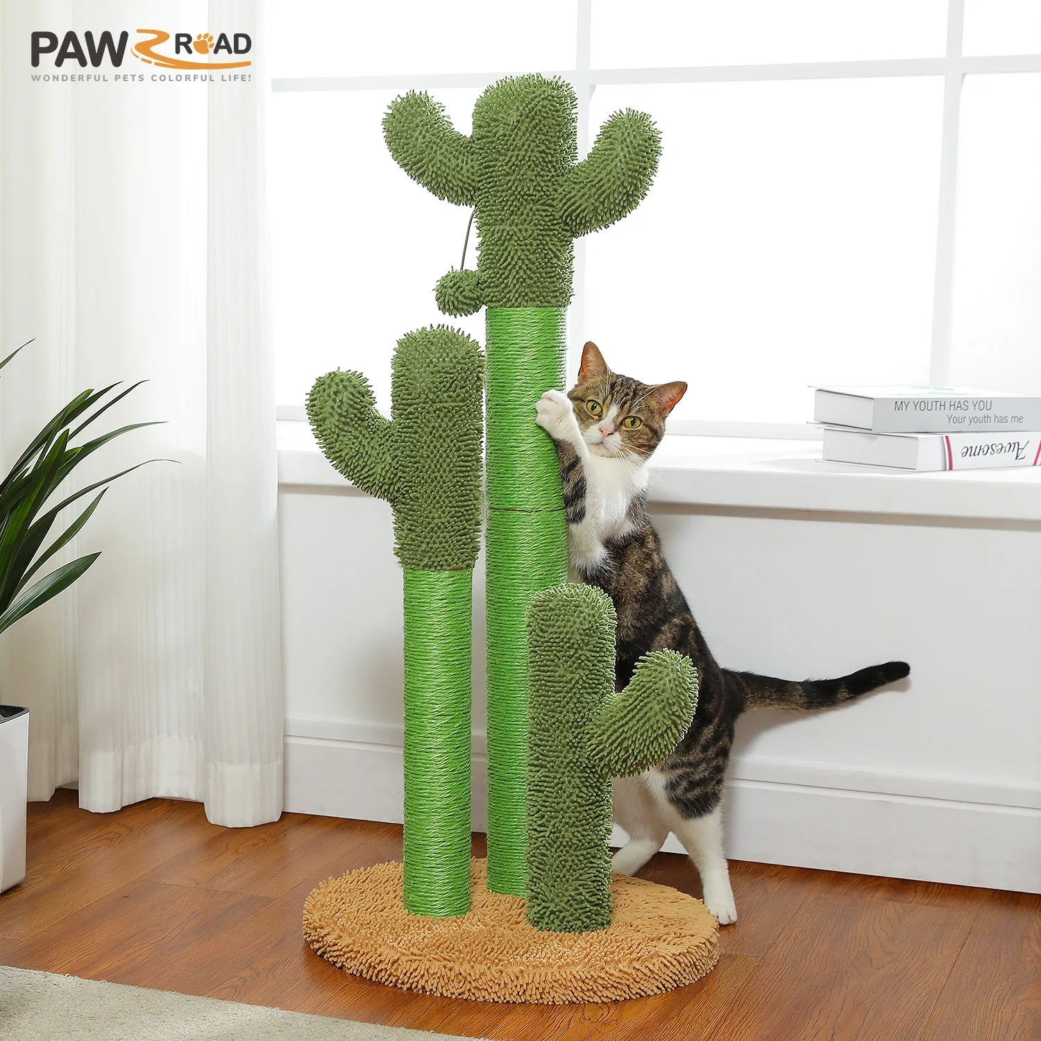 Cactus Cat Scratching Post with 3 Natural Scratching Poles and Interactive Dangling Ball