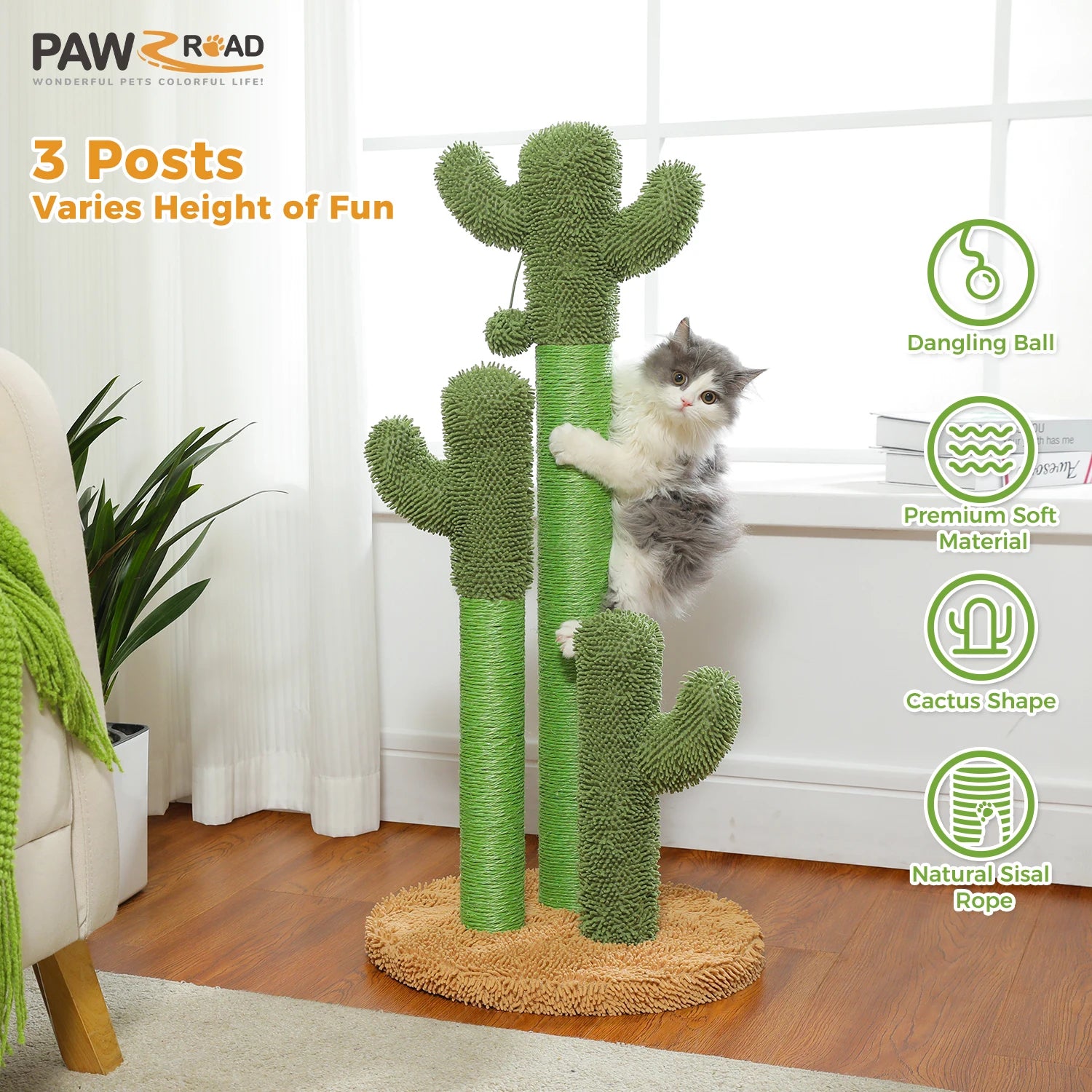 Cactus Cat Scratching Post with 3 Natural Scratching Poles and Interactive Dangling Ball