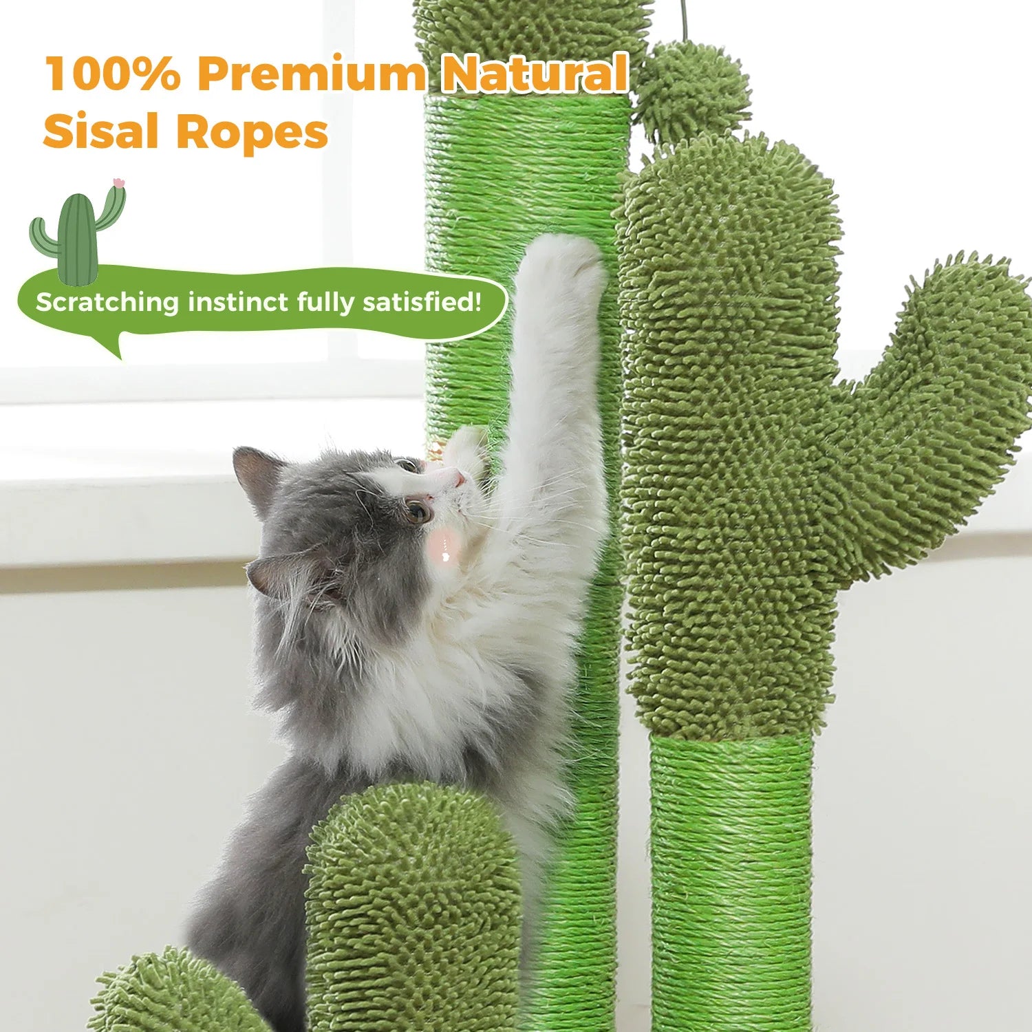 Cactus Cat Scratching Post with 3 Natural Scratching Poles and Interactive Dangling Ball