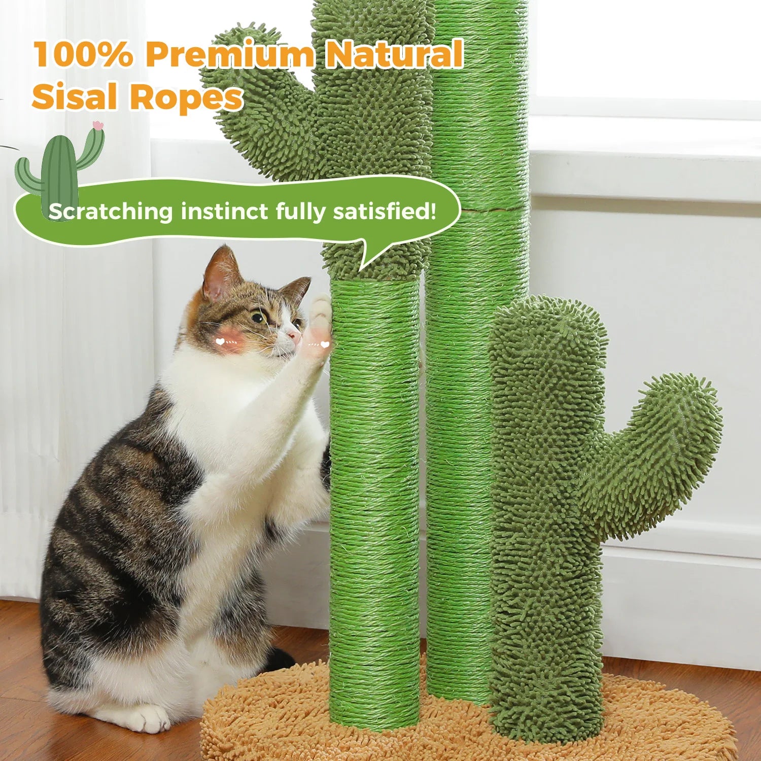 Cactus Cat Scratching Post with 3 Natural Scratching Poles and Interactive Dangling Ball