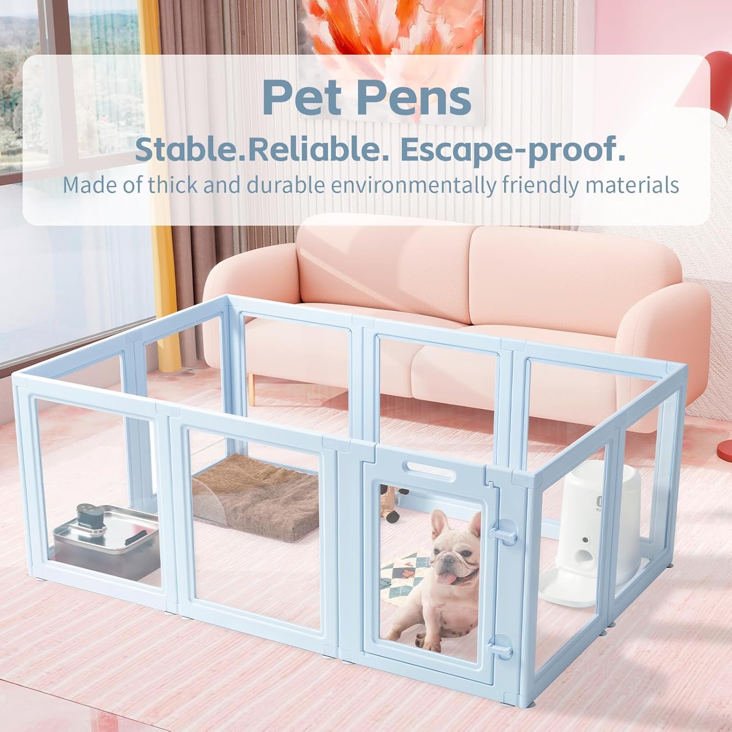 FANCY Clear Acrylic Dog Playpen, Easy Assembly, Sky BLUE, Powder PINK, 60CM, 10 Panel