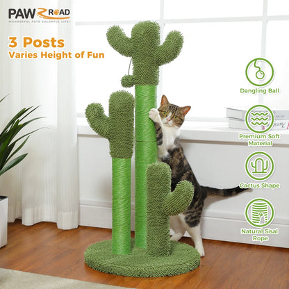 Cactus Cat Scratching Post with 3 Natural Scratching Poles and Interactive Dangling Ball