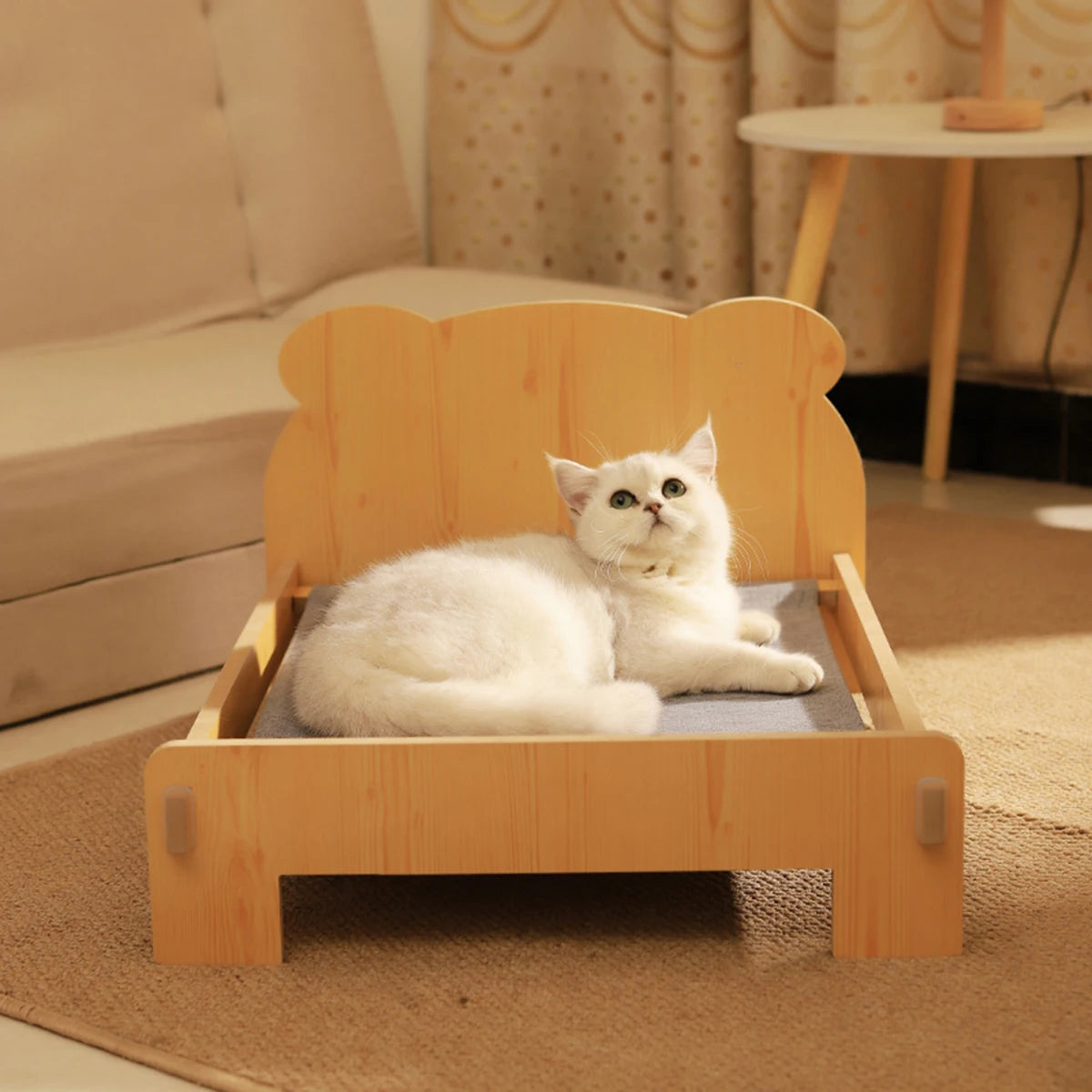 Cat BED Wooden Cat and Dog Bed with Teddy Bear Pattern Pet Furniture