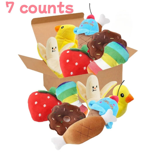 CUTE Dog Toys, 7 Piece Set, Food-themed Plushy SQUEAKY 