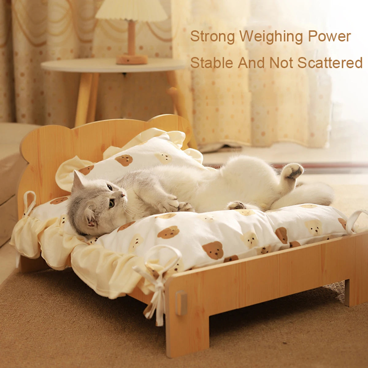 Cat BED Wooden Cat and Dog Bed with Teddy Bear Pattern Pet Furniture